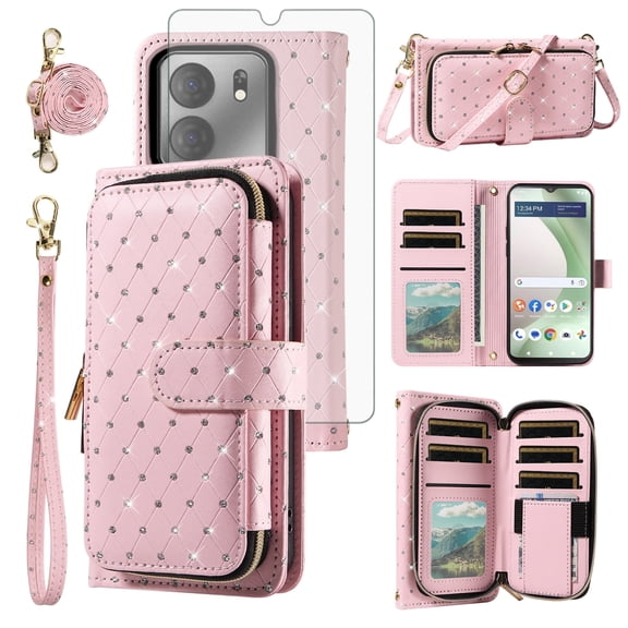 Compatible with Tracfone BLU View 5 B160V Wallet Phone Case Tempered Glass Screen Protector Bling Crossbody Lanyard Strap Flip Zipper Purse Card Holder Cell Cover for BLUE View5 160V 2024 Women Pink