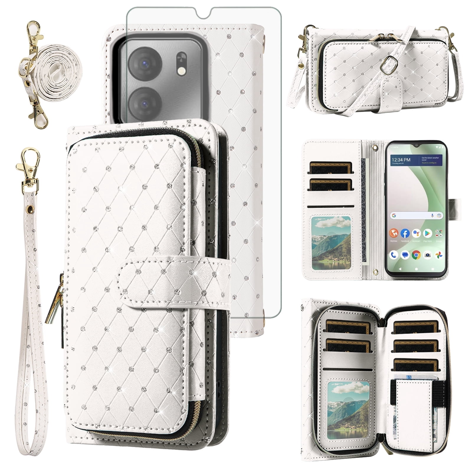 Compatible with Tracfone BLU View 5 B160V Wallet Phone Case Tempered Glass Screen Protector Bling Crossbody Lanyard Strap Flip Zipper Purse Card Holder Cell Cover for BLUE View5 160V 2024 Women White
