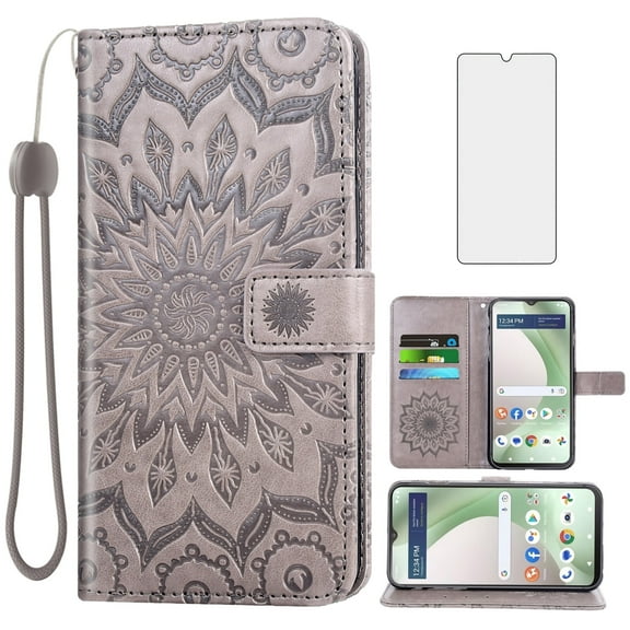 Compatible with Tracfone BLU View 5 B160V Wallet Phone Case and Tempered Glass Screen Protector Flip Credit Card Holder Stand Mandala Flower Cell Cover for Trac Fone BLUE View5 160V 2024 Gray