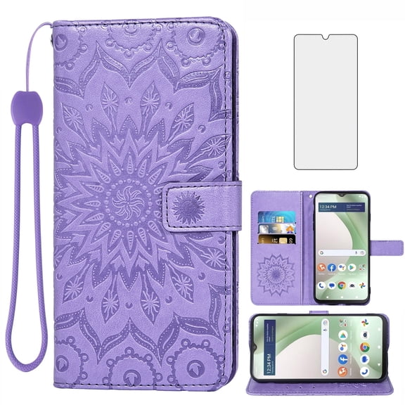 Compatible with Tracfone BLU View 5 B160V Wallet Phone Case and Tempered Glass Screen Protector Flip Credit Card Holder Stand Mandala Flower Cell Cover for Trac Fone BLUE View5 160V 2024 Purple