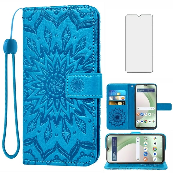Compatible with Tracfone BLU View 5 B160V Wallet Phone Case and Tempered Glass Screen Protector Flip Credit Card Holder Stand Mandala Flower Cell Cover for Trac Fone BLUE View5 160V 2024 Blue