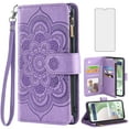 thumbnail image 1 of Compatible with Tracfone BLU View 5 B160V Wallet Phone Case and Tempered Glass Screen Protector Flower Faux Leather Flip Credit Card Holder Stand Zipper Cell Cover for Trac Fone Blu 2024 Women Purple, 1 of 8