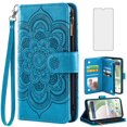 thumbnail image 1 of Compatible with Tracfone BLU View 5 B160V Wallet Phone Case and Tempered Glass Screen Protector Flower Faux Leather Flip Credit Card Holder Stand Zipper Cell Cover for Trac Fone Blu 2024 Women Blue, 1 of 8