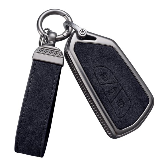 Compatible with VW Volkswagen Key Fob Cover with Keychain, Black Genuine Leather Crystal Key Case Protection Shell Fit for VW ID3 ID4 MK8 Golf 8 GTI Skoda Octavia Keyless Entry Key Fob