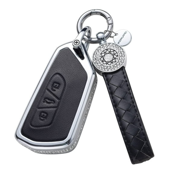 Compatible with VW Volkswagen Key Fob Cover with Keychain, Black Genuine Leather Crystal Key Case Protection Shell Fit for VW ID3 ID4 MK8 Golf 8 GTI Skoda Octavia Keyless Entry Key Fob