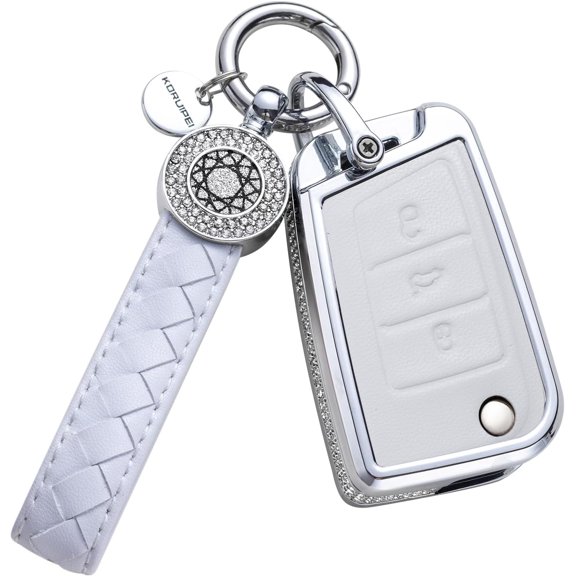 Compatible with VW Volkswagen Key Fob Cover with Keychain Genuine Leather Crystal Key Case Protector for VW Jetta Golf Polo MK6 Passat Tiguan Beetle Smart Key