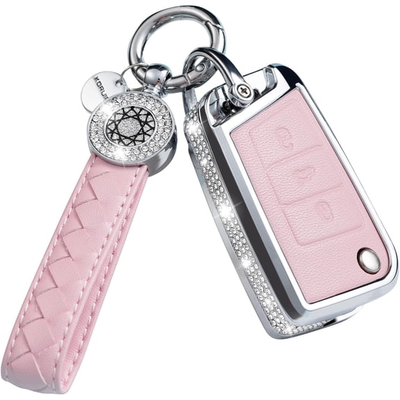 Compatible with VW Volkswagen Key Fob Cover with Keychain Genuine Leather Crystal Key Case Protector for VW Jetta Golf Polo MK6 Passat Tiguan Beetle Smart Key