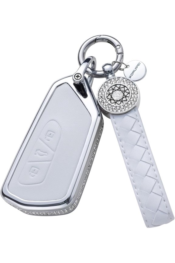 Compatible with VW Volkswagen Key Fob Cover with Keychain Genuine Leather Crystal Key Case Protector for VW Jetta Golf Polo MK6 Passat Tiguan Beetle Smart Key