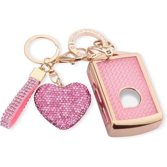 Compatible with Volvo Key fob Cover with Diamond Bling Keychain, Car Accessories Key Holder Shell for XC40 XC60 XC90 S90 V90 2021 2022 Smart Key, Gold Pink