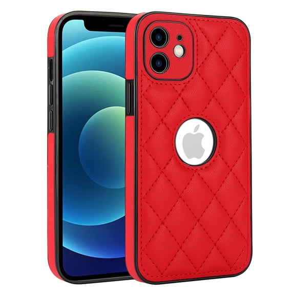 Compatible WIth iPhone 12 Phone Case with Logo Window,Trendy Diamond-checkered Pattern PU Leather Soft TPU Ultra Slim Anti-fall Shockproof Protective Back Cover Phone Case,Red