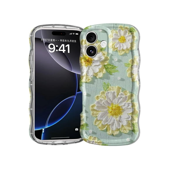 Compatible WIth iPhone 16 Plus Phone Case,Cute Steric Flower Printing Girls Women,Shockproof Curly Wave Wavy Edge Thin Pretty Floral Leaf Oil Painting Pattern Rugged Anti-fall Phone Case,A