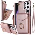 thumbnail image 1 of Compatible Wallet Case for Samsung Galaxy S23 Ultra Case Leather with 4 Card Holder &360°Rotation Ring Holder,Wrist Strap RFID Blocking Case for Samsung S23 Ultra Phone Case for Women Rose Gold, 1 of 7