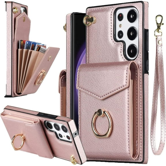 Compatible Wallet Case for Samsung Galaxy S23 Ultra Case Leather with 4 Card Holder &360°Rotation Ring Holder,Wrist Strap RFID Blocking Case for Samsung S23 Ultra Phone Case for Women Rose Gold