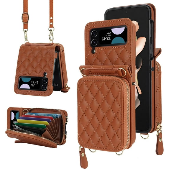 Compatible Wallet Case for Samsung Galaxy Z Flip 4 Case with Card Holder,Full Protective Leather Lanyard Purse Case for Galaxy Z Flip 4 Wallet Phone Case for Galaxy Flip 4 Case with Strap Brown