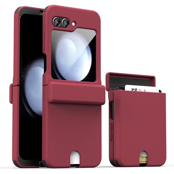 Compatible Wallet Case for Samsung Galaxy Z Flip 5 5G Case with Card Slot,Full Body Shockproof Cover with Screen Protector Phone Case for Samsung Z Flip 5 Wallet Case with Hinge Protection Wine