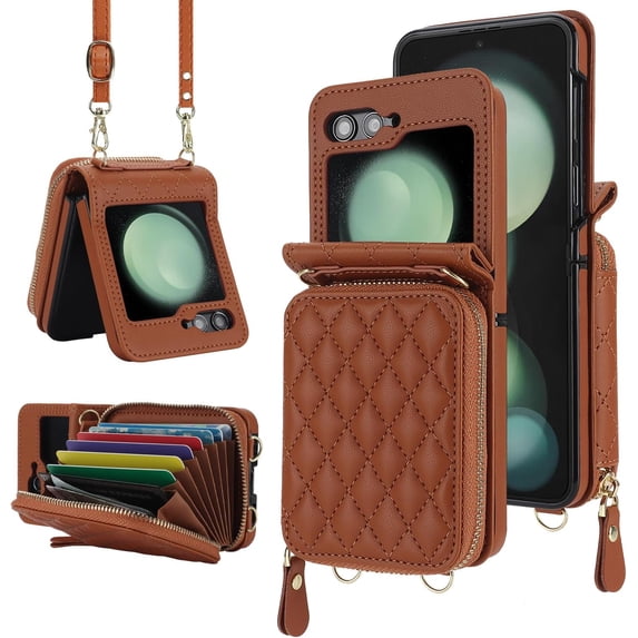 Compatible Wallet Case for Samsung Galaxy Z Flip 5 Case with Card Holder,Full Protective Leather Lanyard Purse Case for Galaxy Z Flip 5 Wallet Phone Case for Galaxy Flip 5 Case with Strap Brown
