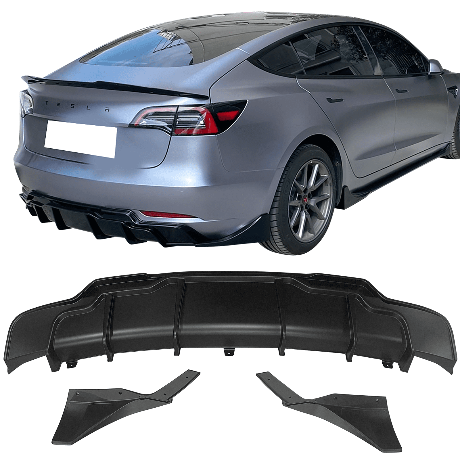 Fit for 17-23 Tesla Model 3 Rear Bumper Diffuser Lip Apron Carbon Fiber  Look-3PC