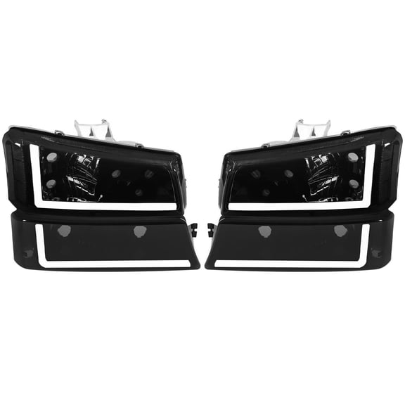 Compatible With 2003-2007 Che vy Silverado & Avalanche Smoke Lens Headlights with LED DRL Bumper Lamp Set