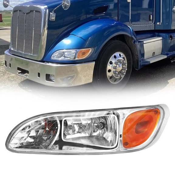 Leavan Chrome Pair Headlights Assembly w/Bulbs Fit for Peterbilt 386 2005-2016, Headlamps Head Light Lamp Housing