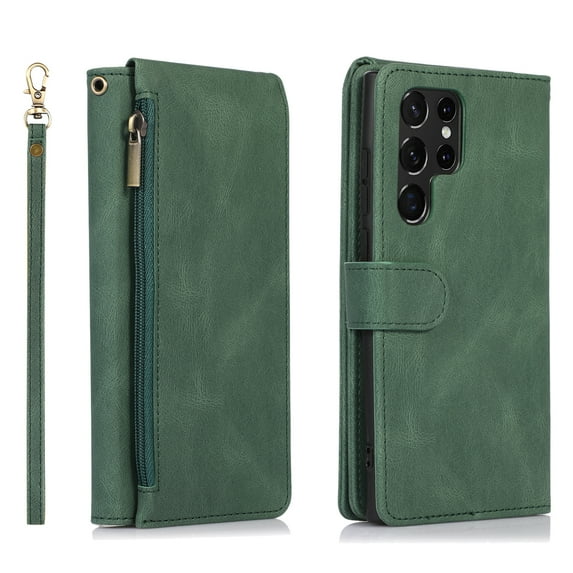 Compatible With Samsung Galaxy S21 Ultra Wallet Case Full Coverage Metal Zipper and Buttons Design Dual Layer Kickstand Card Pocket Slim & Lightweight Shockproof Wrist Strap Phone Case,Darkgreen