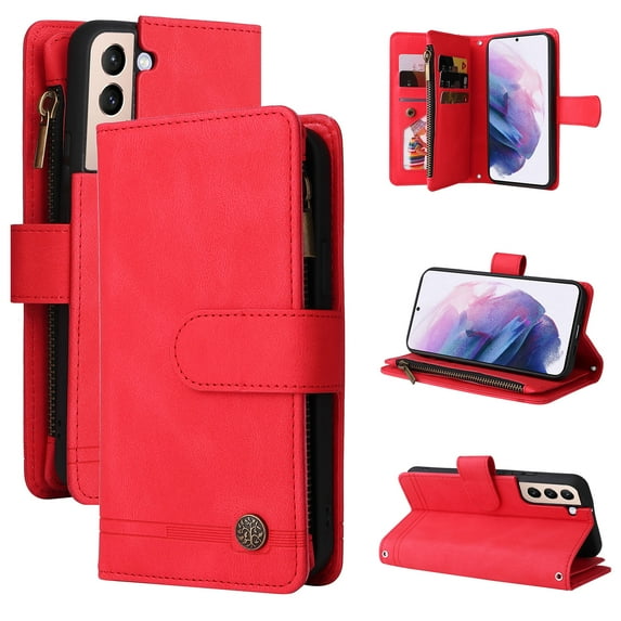Compatible With Samsung Galaxy S22 Plus Wallet Case Full Coverage Dustproof Dual Layer Card Pockets Kickstand Crossbody Lanyard Shockproof Synthetic Leather Lightweight Luxury Phone Cover,Red