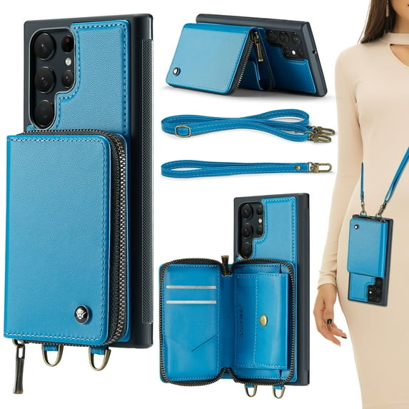 Compatible With Samsung Galaxy S22 Ultra Case Zipper Card Pocket Kicktstand Crossbody Strap PU Leather Shock-absorbent Anti-Fingerprint Lightweight Luxury Cover for Men or Women,Blue