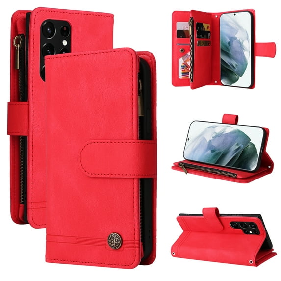 Compatible With Samsung Galaxy S22 Ultra Wallet Case Full Coverage Dustproof Dual Layer Card Pockets Kickstand Crossbody Lanyard Shockproof Synthetic Leather Lightweight Luxury Phone Cover,Red