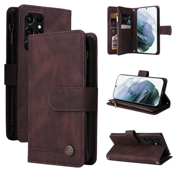Compatible With Samsung Galaxy S22 Ultra Wallet Case Full Coverage Dustproof Dual Layer Card Pockets Kickstand Crossbody Lanyard Shockproof Synthetic Leather Lightweight Luxury Phone Cover,Brown