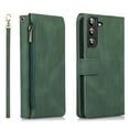 thumbnail image 1 of Compatible With Samsung Galaxy S22 Wallet Case Full Coverage Metal Zipper and Buttons Design Dual Layer Kickstand Card Pocket Slim & Lightweight Shockproof Wrist Strap Phone Case,Darkgreen, 1 of 12