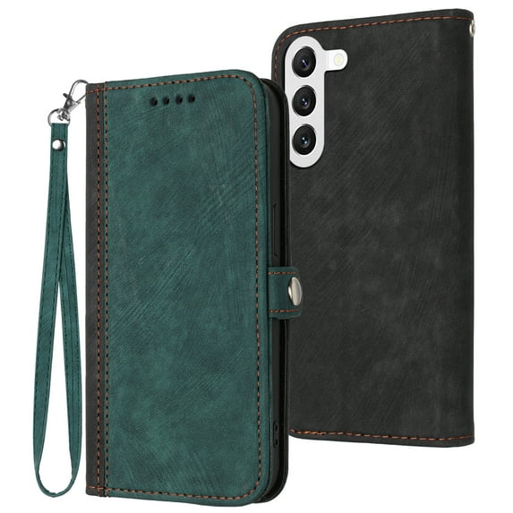Compatible With Samsung Galaxy S23 FE Wallet Case Full Coverage Dustproof Built-in Magnet Closure Kickstand Shockproof Card Pocket Wristband Strap Phone Cover for Women or Men,Darkgreen