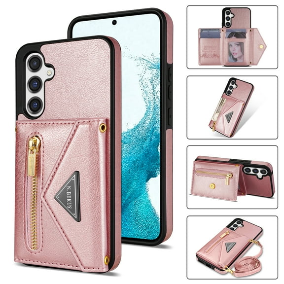 Compatible With Samsung Galaxy S24 Plus Phone Case Zipper Card Pocket Design Crossbody Lanyard PU Leather Shockproof Anti-Fingerprint Kickstand Lightweight Phone Cover,Pink