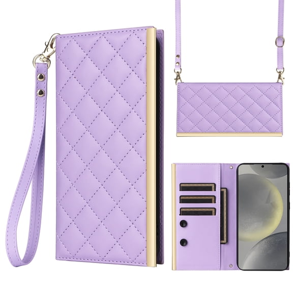 Compatible With Samsung Galaxy S25+ PU Leather Crossbody Wallet Phone Case,With Card Slots,Cash Pocket,Flip Folding Kickstand,[Wrist Strap &Shoulder Strap],Shockproof Rugged Case,Purple
