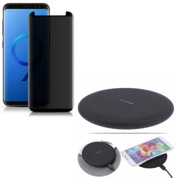 Compatible With Samsung Galaxy S9 - 3D Tempered Glass Anti-Peep Privacy Screen Protector w 10W Fast Wireless Charger Charging Ultra Slim Pad