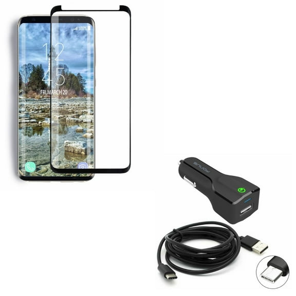 Compatible With Samsung Galaxy S9 - 5D Tempered Glass Screen Protector w 24W Adaptive Fast Car USB Charger 6ft Type-C Cable
