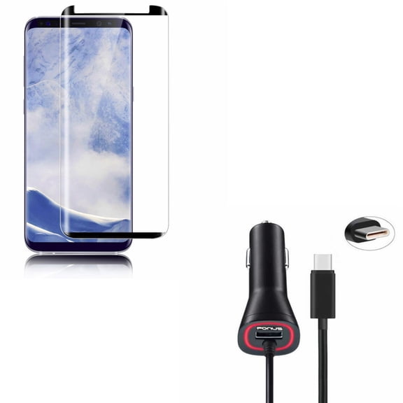 Compatible With Samsung Galaxy S9 - Anti-Glare Tempered Glass Screen Protector w 3.4Amp Type-C Rapid Car Charger DC Power Adapter USB Port