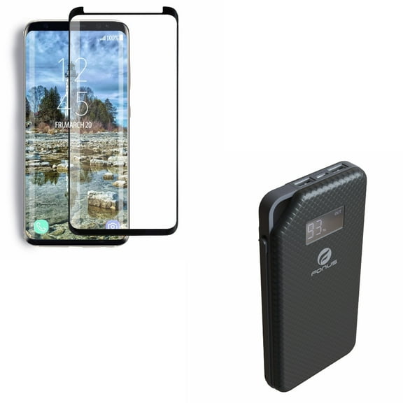 Compatible With Samsung Galaxy S9 - Tempered Glass Screen Protector 5D w 10000mAh Portable Battery Charger Backup Power Bank Dual USB Port
