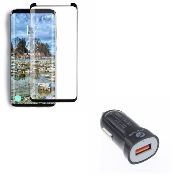 Compatible With Samsung Galaxy S9 - Tempered Glass Screen Protector 5D w 18W Adaptive Fast USB Car DC Charger