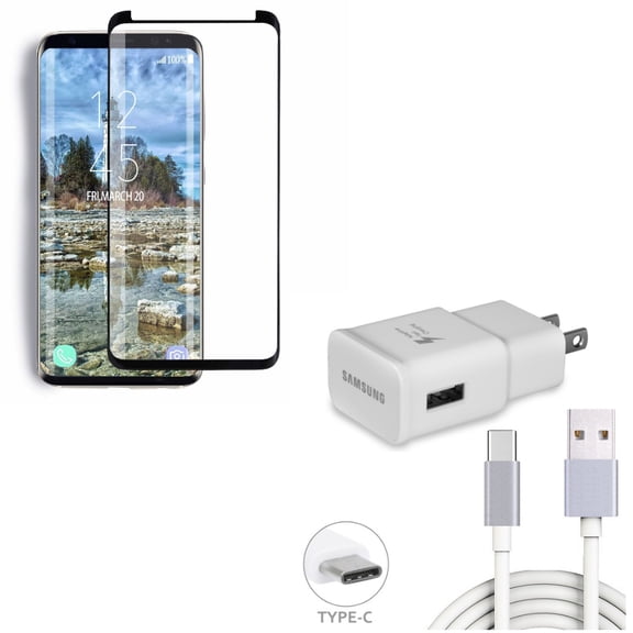 Compatible With Samsung Galaxy S9 - Tempered Glass Screen Protector 5D w Home Wall Adaptive Fast Charger 6ft Long Type-C USB Cable Sync Wire