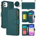 thumbnail image 1 of Compatible With iPhone 11 Wallet Case with Card Holder Kickstand Double Magnetic Clasp Zipper Pocket Lanyard Strap Wristlet, Leather Flip Case Women Men Wallet Cover,Green, 1 of 18