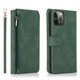 thumbnail image 1 of Compatible With iPhone 12 Pro Max Wallet Case Full Coverage Metal Zipper and Buttons Design Dual Layer Kickstand Card Pocket Slim & Lightweight Shockproof Wrist Strap Phone Case,Darkgreen, 1 of 12