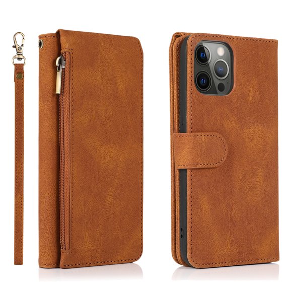 Compatible With iPhone 12 Pro Max Wallet Case Full Coverage Metal Zipper and Buttons Design Dual Layer Kickstand Card Pocket Slim & Lightweight Shockproof Wrist Strap Phone Case,Brown