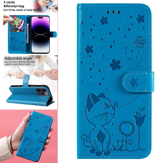 Compatible With iPhone 13 Pro Max Wallet Case Full Coverage Dustproof Card Pocket PU Leather Cute Flower Knurling Wrist Strap Shockproof Lightweight Luxury Phone Cover,Blue