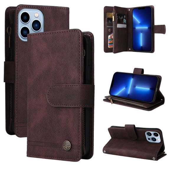 Compatible With iPhone 13 Pro Max Wallet Case Full Coverage Dustproof Dual Layer Card Pockets Kickstand Crossbody Lanyard Shockproof Synthetic Leather Lightweight Luxury Phone Cover,Brown