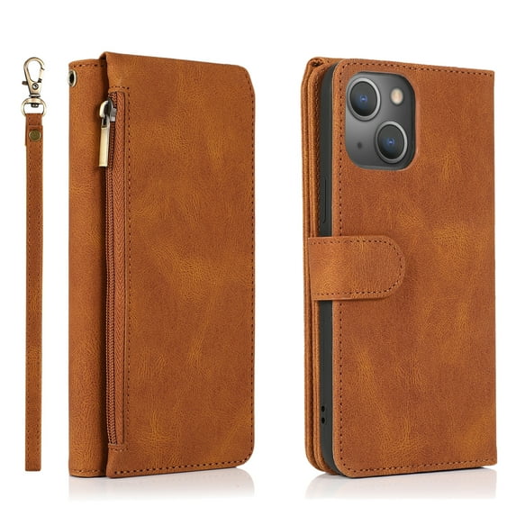 Compatible With iPhone 13 Wallet Case Full Coverage Metal Zipper and Buttons Design Dual Layer Kickstand Card Pocket Slim & Lightweight Shockproof Wrist Strap Phone Case,Brown