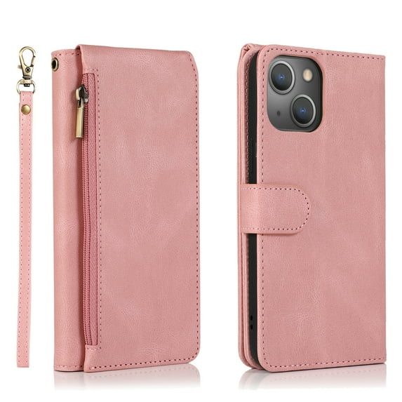 Compatible With iPhone 13 Wallet Case Full Coverage Metal Zipper and Buttons Design Dual Layer Kickstand Card Pocket Slim & Lightweight Shockproof Wrist Strap Phone Case,Rosegold