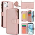 thumbnail image 1 of Compatible With iPhone 14 Plus Wallet Case with Card Holder Kickstand Double Magnetic Clasp Zipper Pocket Lanyard Strap Wristlet, Leather Flip Case Women Men Wallet Cover,Rosegold, 1 of 16
