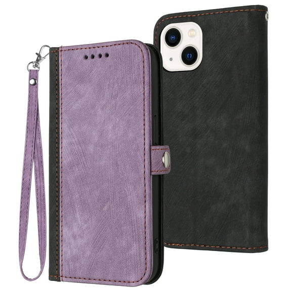 Compatible With iPhone 14 Plus Wallet Case Full Coverage Dustproof Built-in Magnet Closure Kickstand Shockproof Card Pocket Wristband Strap Phone Cover for Women or Men,Purple