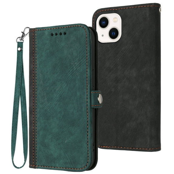 Compatible With iPhone 14 Plus Wallet Case Full Coverage Dustproof Built-in Magnet Closure Kickstand Shockproof Card Pocket Wristband Strap Phone Cover for Women or Men,Darkgreen