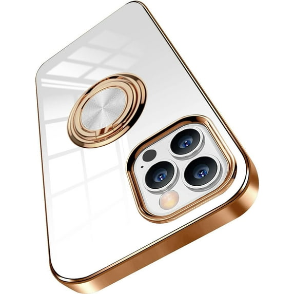 Compatible With iPhone 14 Pro 5g Case Cell Phone Cases Slim Thin with Ring 360°Finger Stand Metal Electroplated Soft Flexible Tup Frame Full Body Shock-Absorption Bumper Hard Back Mobile Cover-White