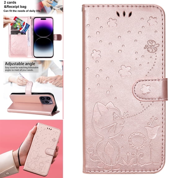 Compatible With iPhone 14 Pro Max Wallet Case Full Coverage Dustproof Card Pocket PU Leather Cute Flower Knurling Wrist Strap Shockproof Lightweight Luxury Phone Cover,Rosegold